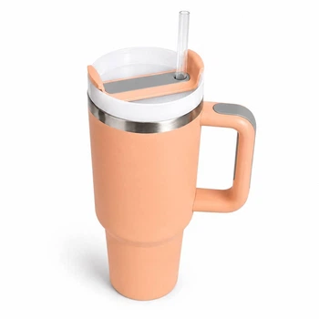 Термос термокружка Tumbler з ручкою, кришкою та трубочкою 30 см, Персик