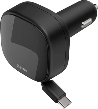 Автомобільний зарядний пристрій Hama 00201958 2xUSB-C 30W PD 3.0 Retractable Чорний (00201958)