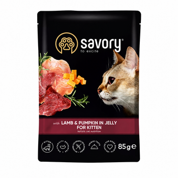 Savory Lamb & Pumpkin in Jelly — повнораціонний вологий корм для кошенят із ніжним ягням та гарбузом у желе.