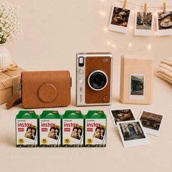 Подарочный набор с фотокамерой мгновенной печати Fujifilm INSTAX MINI EVO Hybrid Brown + 40 фото + альбом на 64 фото + чехол + подарочная упаковка, коричневый