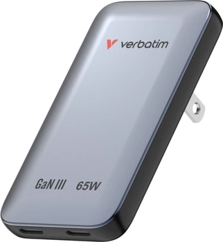Ładowarka Verbatim Essentials Slim 30280 2xUSB-C 65W GaN PD 3.0 EU UK US Szara (23942302803)
