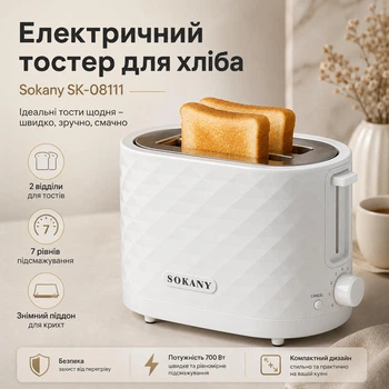 Подвійний тостер для піджарювання хліба з режимом підігріву Sokany SK-08111 750 Вт 7 режимів