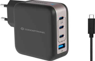 Ładowarka Conceptronic ALTHEA18B 3xUSB-C + USB-A 100W GaN PD 3.0 PPS QC 3.0 + USB-C Cable Czarna (ALTHEA18B)