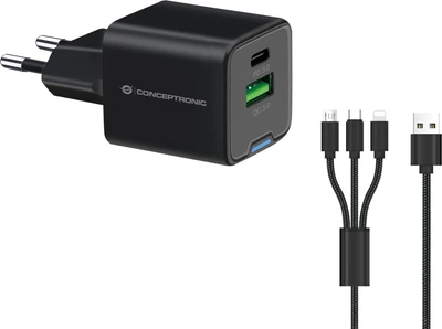 Zestaw do ładowania Conceptronic ALTHEA16B USB-C + USB-A 33W GaN PD 3.0 PPS QC 3.0 + 3-in-1 Cable Czarny (ALTHEA16B)
