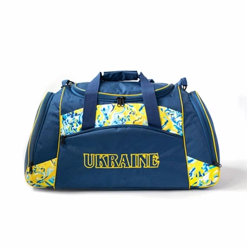 Велика спортивна та дорожня сумка Anta UKRAINE 47 л з тканини Оксфорд 1000Д, синьо-жовта патріотична сумка з вишивкою, 63х30х25 см