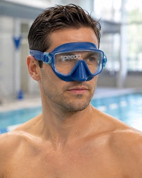 Маска для плавання Speedo з носовою частиною, панорамною лінзою та регульованим ремінцем, синя, 14+