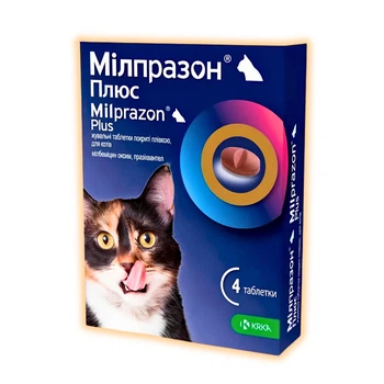 Таблетки від глистів Мілпразон Плюс для котів усіх порід вагою більше 2 кг, 1 блістер (4 табл)