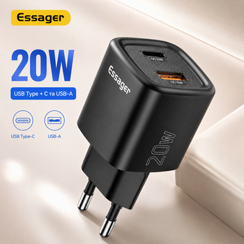 Сетевое зарядное устройство Essager ES-CD54 20W USB Type-C PD + USB-A, быстрая зарядка, адаптер питания 110–240V, EU Plug черное