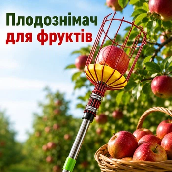 Плодосъемник для сбора фруктов с телескопической ручкой 1,6 м (для яблок, груш, персиков, лимонов и других фруктов)