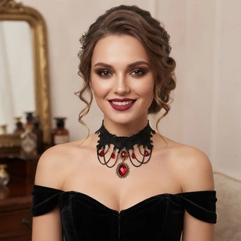 Готичний мереживний чокер з кристалами та ланцюжками Honey Fashion Accessories чорний (12-397)