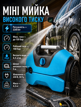 Портативная мини мойка высокого давления для мытья авто и дома с экономией воды до 70% двигатель 2200 Вт давление до 150 бар шланг 5 м