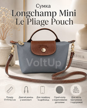 Сумка Longchamp Mini Le Pliage Pouch серая - маленькая летняя кросс-боди с длинным ремнем для телефона и мелких вещей