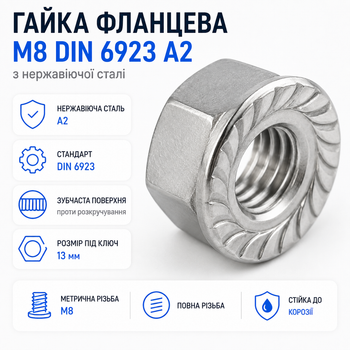 Гайка М8 нержавеющая сталь крепёжный элемент DIN 6923