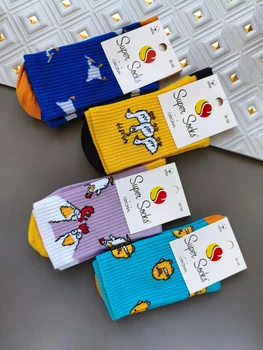 Набір 4 пари жіночі високі шкарпетки з кумедними принтами Super Socks (р. 36-40, бавовна)