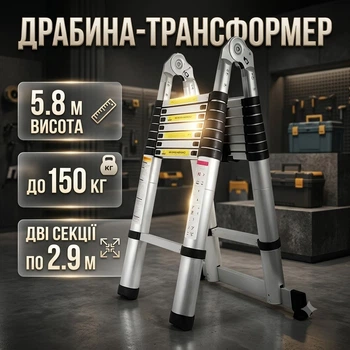 Лестница телескопическая трансформер 5.8 м (2.9 + 2.9 м) 2 секции, нагрузка до 150 кг