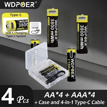 Набір акумуляторних літієвих батарейок WDPOER 1.5V (2 AA + 2 AAA) з Type-C зарядкою та кейсом