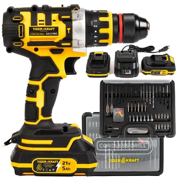 Бесщеточный ударный аккумуляторный шуруповерт TigerKraft GX13 PRO (21V, 5Ah) с патроном 13 мм и набором насадок