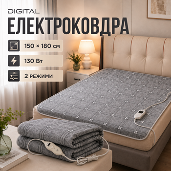 Электрическая простынь 150×180 см 130 Вт, электроодеяло в клетку с подогревом для кровати, пультом и 2 температурными режимами