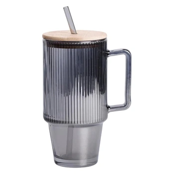 Чашка теклянная с трубочкой и крышкой 750 мл ICE Tea стакан с трубочкой на подарок Серый