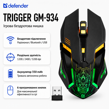 Мишка Defender Trigger GM-934 бездротова Bluetooth 3200 dpi LED Чорний (52934)