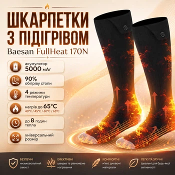 Акумуляторні шкарпетки р. 37-46 з підігрівом Baesan FullHeat 170N, 90% стопи, 4 режими до 65°C, 5000 мАг, чорний