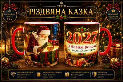 Кружка (чашка) з принтом «З Новим роком! та Різдвом Христовим!» 2027 із серії «Різдвяна Казка» – новорічний та різдвяний подарунок | Керамічна 330 мл(червона ручка)