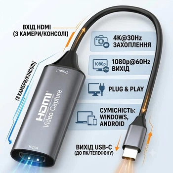 Карта захвата видео HDMI → USB Type-C 4K 30 Гц, адаптер для оцифровки HDMI Video Capture card 1080p 60 Гц (HDMI to Type-C USB3.0)