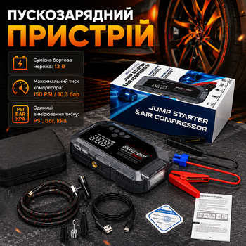 Пускозарядное устройство 965A GL-965A 4в1 12 В со встроенным компрессором 150 PSI Автомобильный бустер для запуска двигателя Портативный Power Bank с LED-фонарём Насос подкачки шин