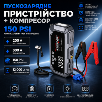 Пускозарядное устройство для автомобиля бустер стартер аккумулятора 12 В компрессор насос для шин 150 PSI Power Bank USB LED фонарь цифровой манометр автокомпрессор автоматическая остановка