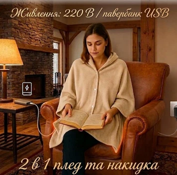 Плед накидка согревающая, питание 220 В / павербанк USB