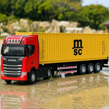 Модель грузовика Scania S730 1:50 металлическая, фура-контейнероз с прицепом, свет, звук, инерционный механизм
