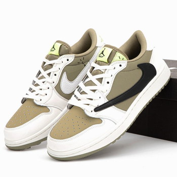 Кроссовки женские и мужские Ni Jord 1 Low x Travis Scott Golf White / Най Джорд белые оливковые 42