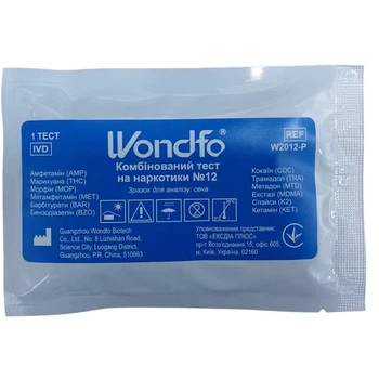 Комбинированный тест на наркотики No12 WONDFO W2012-P - AMP, THC, MOR, MET, BAR, BZO, COC, TRA, MTD, MDMA, K2, KET 25 тестов