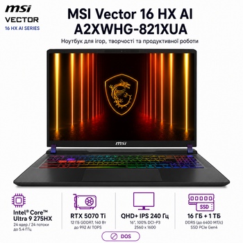 Ноутбук ігровий 16" MSI Vector 16 HX AI A2XWHG-821XUA Intel Core Ultra 9 275HX 16GB 1TB SSD RTX 5070 Ti DOS Cosmos Gray (9S7-15M352-821)