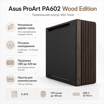 Корпус для ПК Asus ProArt PA602 Mid Tower без БЖ E-ATX Wood Edition Metal Panel Black (90DC00J0-B09040)