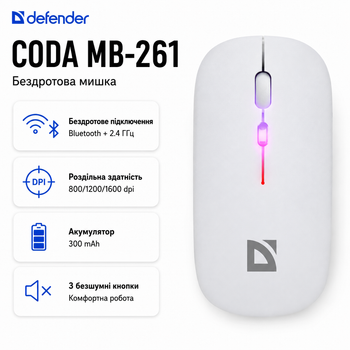 Мышка Defender Coda MB-261 беспроводная Bluetooth 1600 dpi Белый (52262)