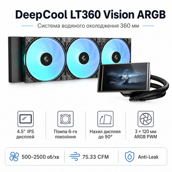 Система водяного охолодження DeepCool LT360 Vision ARGB 360 мм 4.5" IPS 2500 об/хв Black (R-LT360VISION-BKAMMC-G-1)