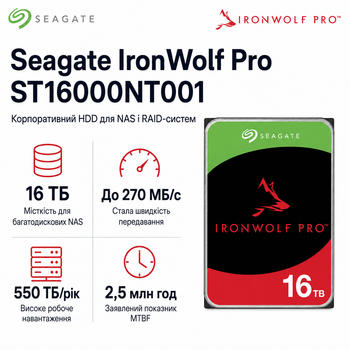 Жесткий диск 3.5" Seagate IronWolf Pro 16TB SATA 256MB 7200 об/мин 6 ГБит/с Black (ST16000NT001)