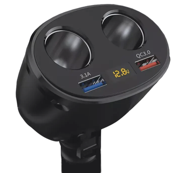 Автомобільний розгалужувач прикурювача 2 гнізда з вольтметром, USB 3.1A та Quick Charge 3.0, автомобільний подвійник