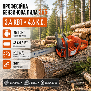 Бензопила 365 профессиональная 3,4 кВт цепная пила бензиновая 4,6 л.с. с шиной 45 см двигателем 65,1 см³ скоростью 20,7 м/с шагом 3/8 дюйма антивибрационная для валки деревьев заготовки дров лесозаготовки строительства сада дачи частного дома хозяйства