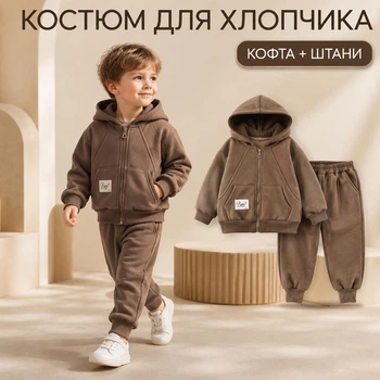 Костюм спортивний дитячий утеплений на флісі для хлопчика Boo, кофта з капюшоном і штани-джогери, кавово-коричневий (90 см.)