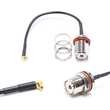 Пигтейл на кабель RG174 - 15 см / угловой MMCX male - UHF female герметичный на панель, круглый 16 мм резьбовой / [PG0449]