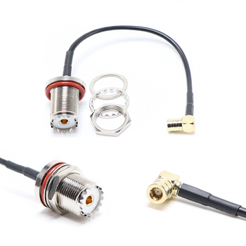 Пигтейл на кабель RG174 - 15 см / угловой SMB female - UHF female герметичный на панель, круглый 16 мм резьбовой / [PG0361]