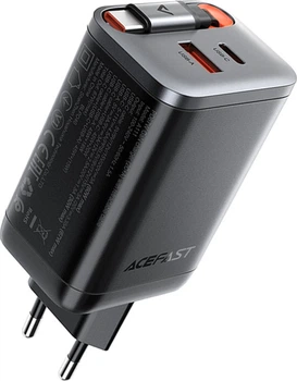 Сетевое зарядное устройство Acefast A111 PD67W GaN Charger (2*USB-C + USB-A) with retractable cable Black