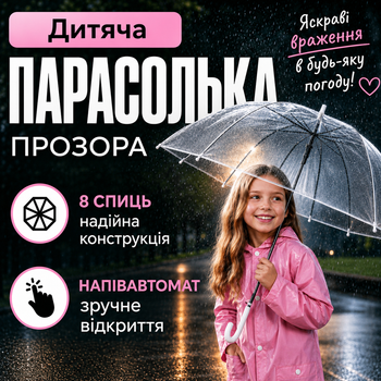 Детский прозрачный зонт тростина полуавтоматическая женская мужская для фотосессий 8 спиц 92 см купол с ручкой крючком