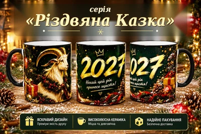 Кружка (чашка) з принтом Коза 2027 із серії «Різдвяна Казка» – новорічний та різдвяний подарунок | Керамічна 330 мл(чорна ручка)