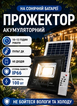 Прожектор светильник аккумуляторный с солнечной панелью 60 LED 100W 10–12 часов работы уличный фонарь аккумуляторный лампа аккумуляторная на солнечной батарее с пультом ДУ
