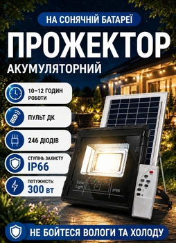 Прожектор светильник аккумуляторный с солнечной панелью 246 LED 300W 10–12 часов работы уличный фонарь аккумуляторный лампа аккумуляторная на солнечной батарее с пультом ДУ