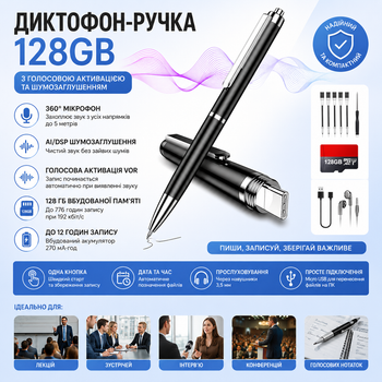 Цифровой диктофон-ручка, с памятью 128GB с голосовой активацией, шумоподавлением AI/DSP, записью 192 кбит/с и микрофоном 360°