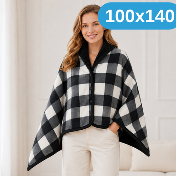 Универсальный плед-халат-шаль 100×140 см One size- теплая мягкая двухсторонняя накидка в черно-белую клетку на кнопках KT9000907